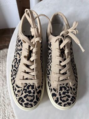 Rothy's Beige and Black Leopard Knit Lace-Up Sneakers